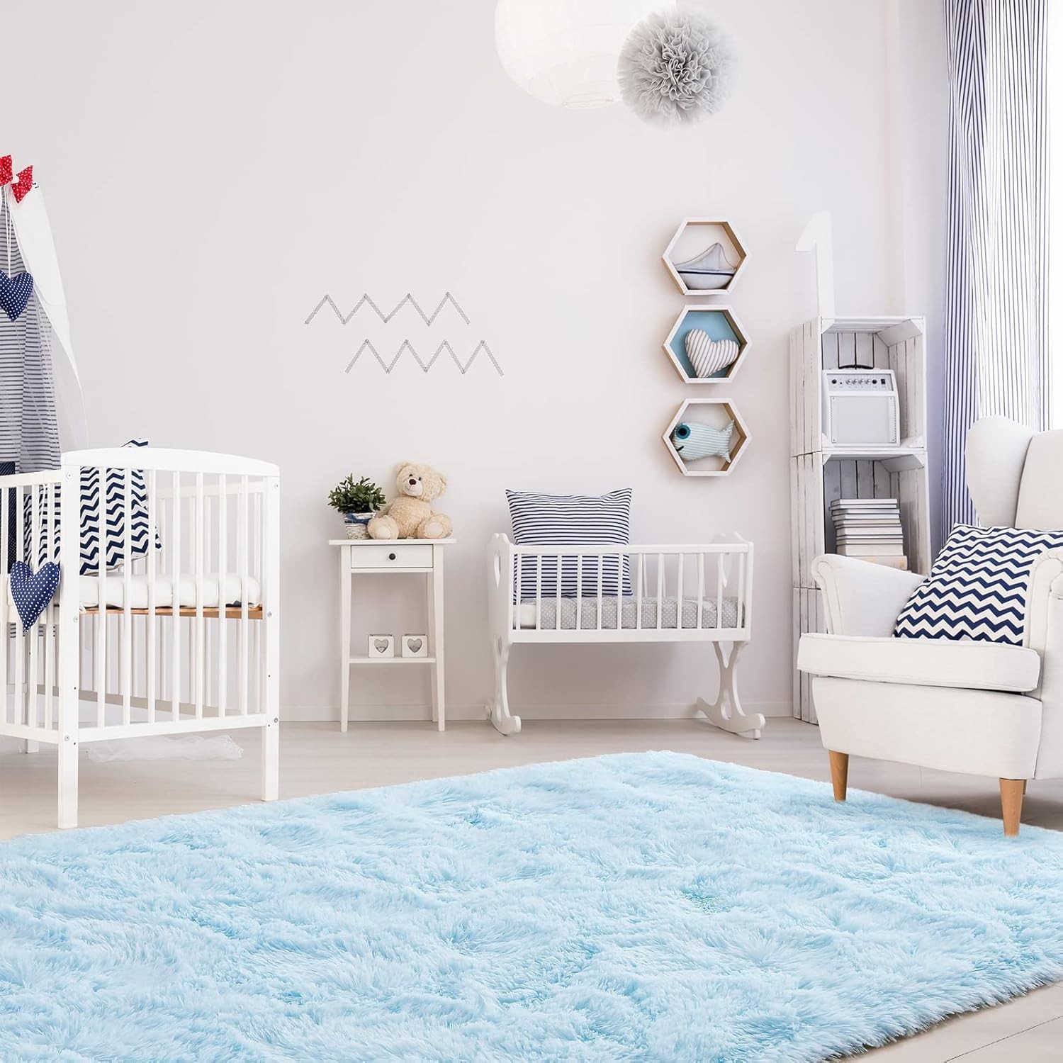 Luxurious Baby Blue Shaggy Area Rug 4×5.9ft – Soft Plush Comfort for All Rooms