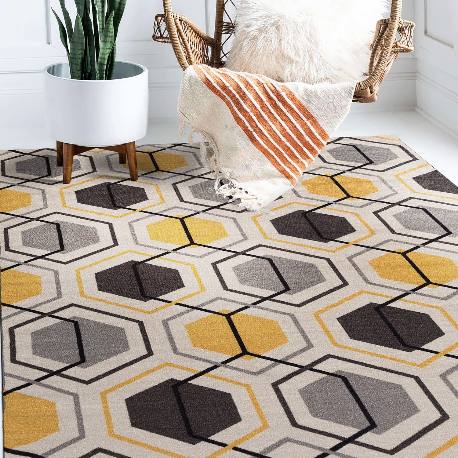 Rugshop Area Rug Contemporary Geometric Stripe Non-Slip Rugs Yellow Rugs 5×7 Rug