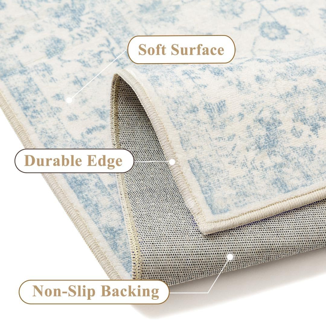 Vintage Blue Area Rug 8×10 Non-Slip Machine Washable for Living Room & Bedroom