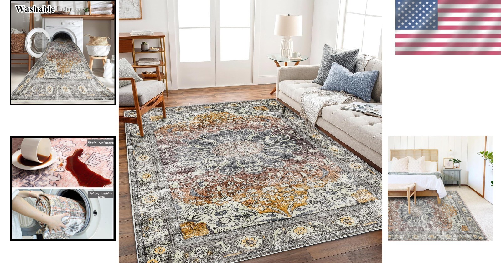 Vintage Floral Area Rug 6×9 Brown Grey Boho Style