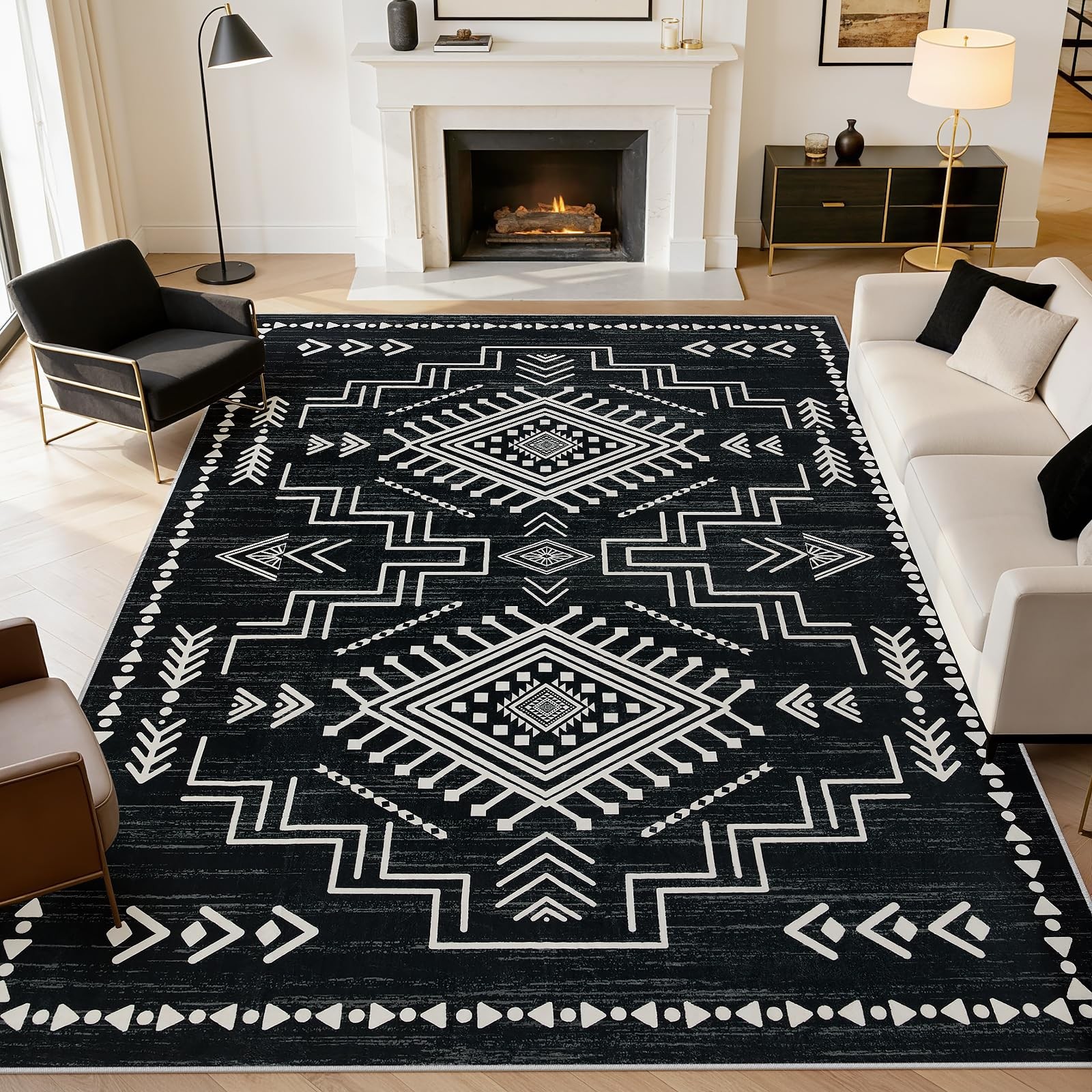 Moroccan Black 8×10 Area Rugs for Living Room, Non-Slip Western Large Bedroom