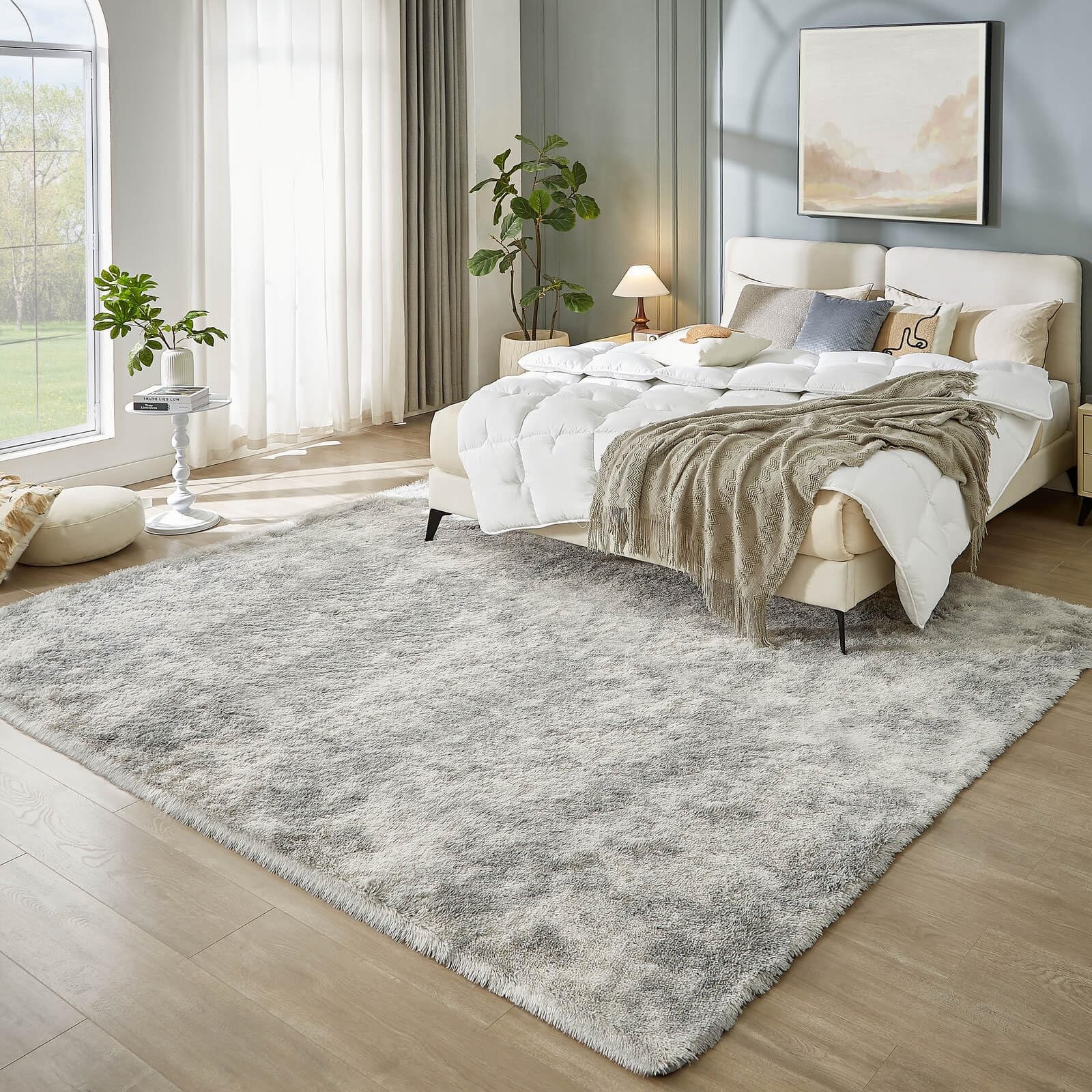 8×10 Rugs for Living Room, Tie-Dye Light Grey, Soft Fluffy Shag Carpets for B…