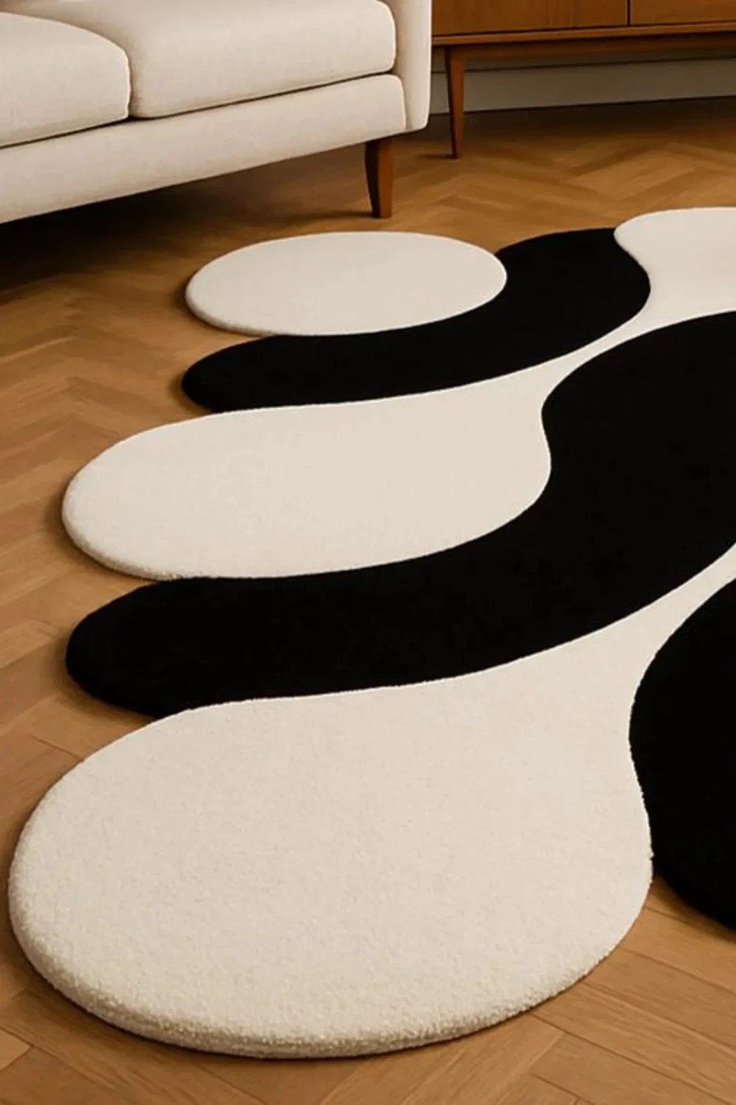 Modern Abstract Black and White Wavy Rug Irregular Contemporary Carpet