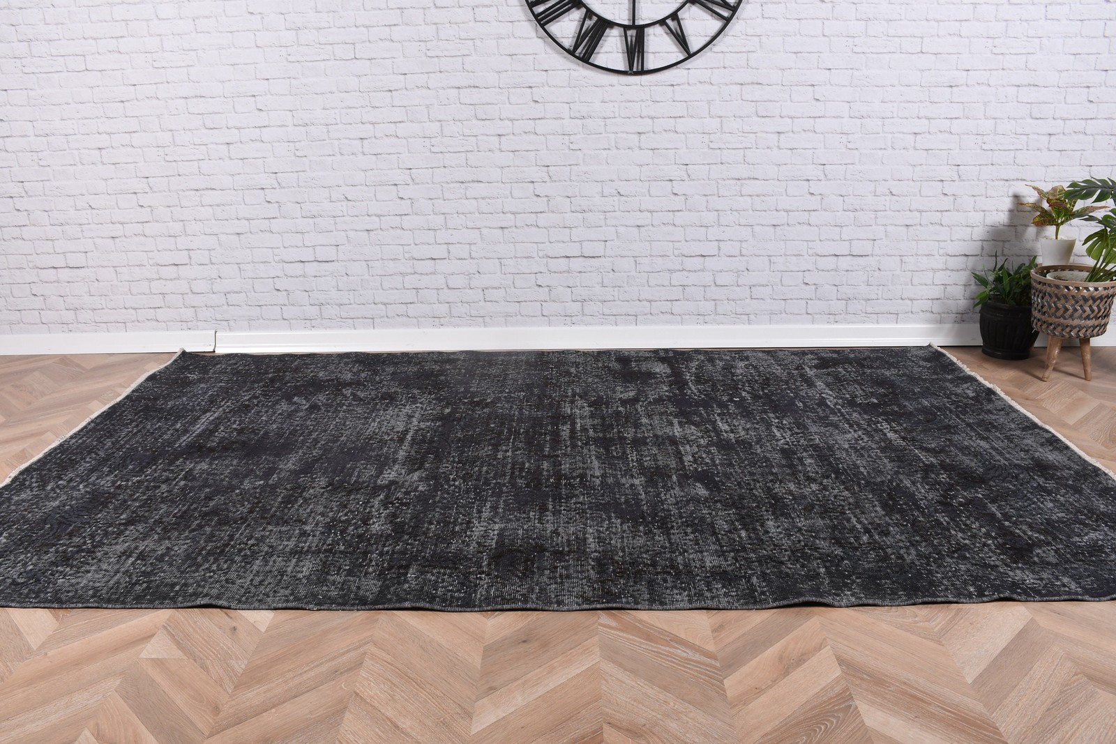 Vintage Turkish Rug, 5,2×8,7 ft Large Rug, Black Gray Floral Wool Rug