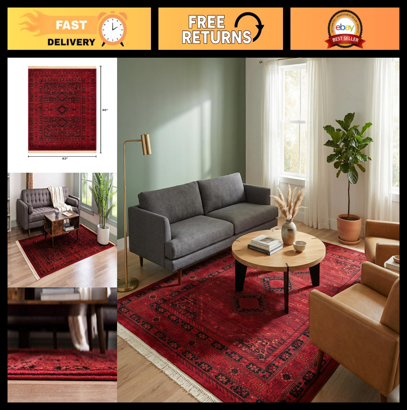 Tekke Collection Area Rug – Sheibani Design, 5’3″x8′ Rectangle, Red/Black