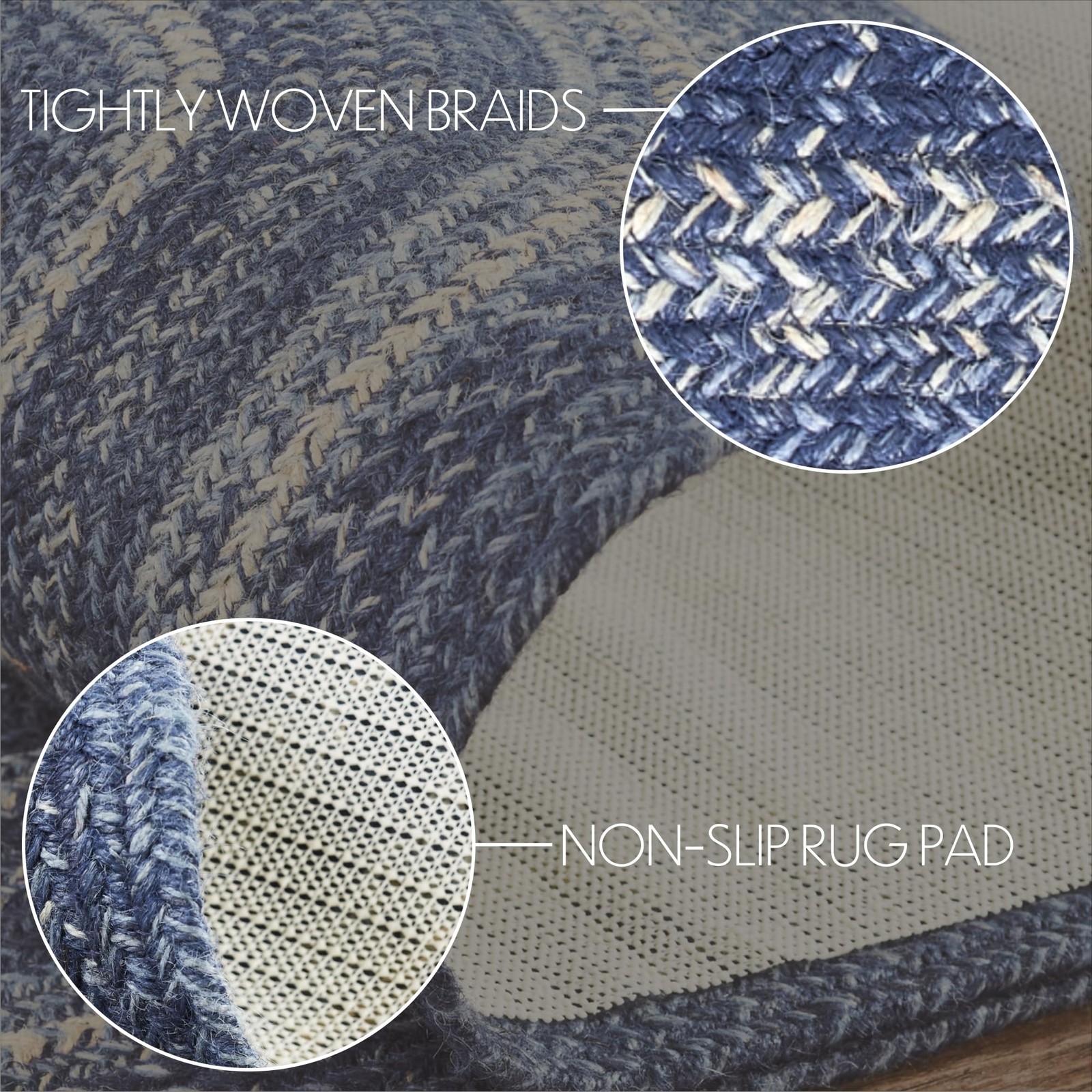 VHC Brands Great Falls Blue Rug with PVC Pad, Jute Blend, Oval , Blue White, 27x