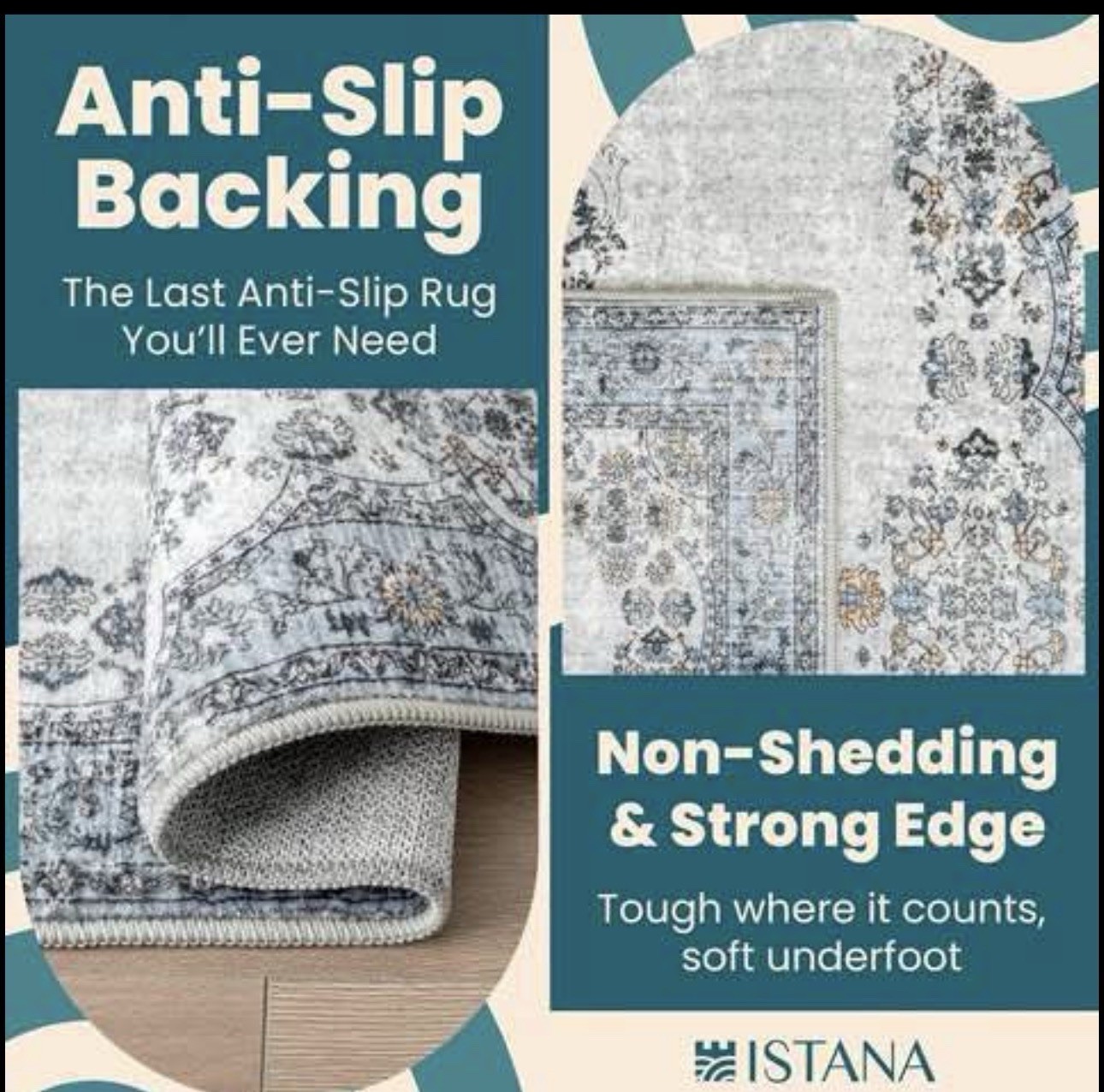ISTANA Washable Non-Slip Gray/Blue/Beige Floral Rectangle Area Rug 7mm
