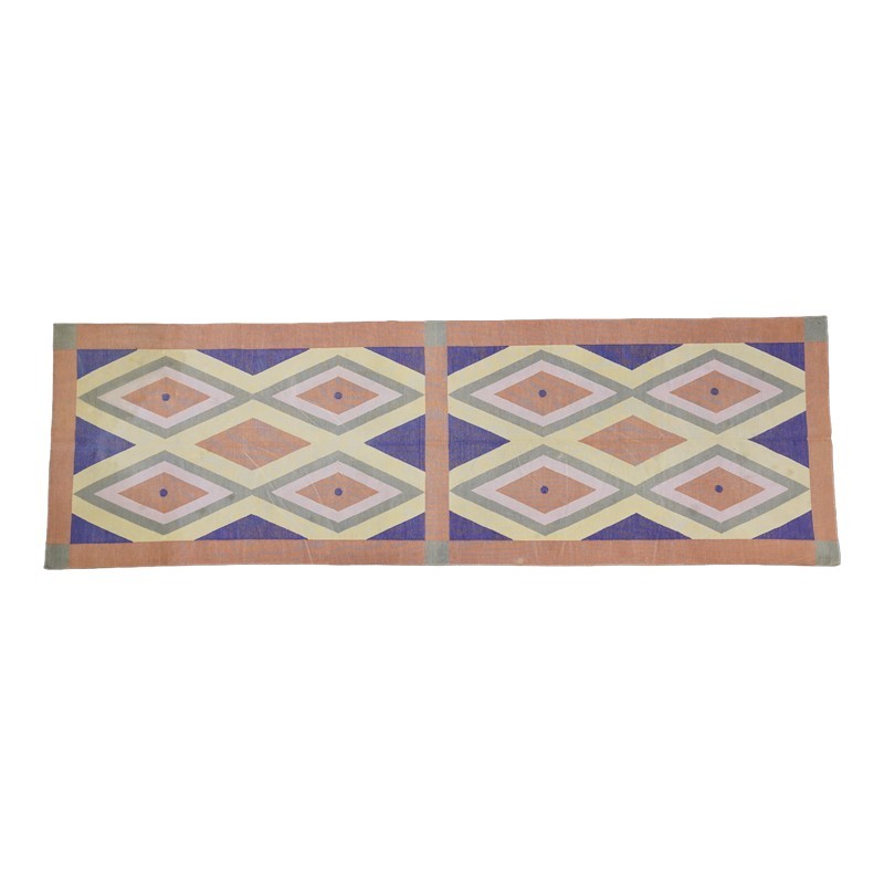 Blue Beige Handwoven Cotton Runner Rug 3.3×9.9 Ft Geometric Flat Weave Carpet