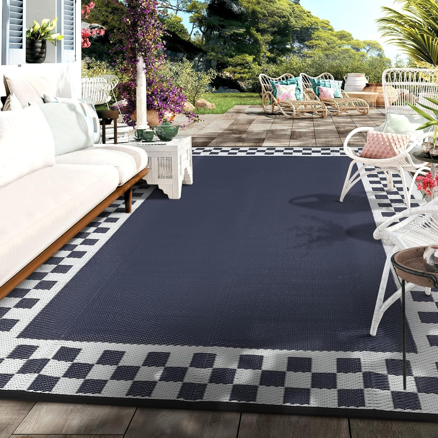 10X14 Large Outdoor Rug Waterproof Weather Resistant Patio Rug with Stakes & Car