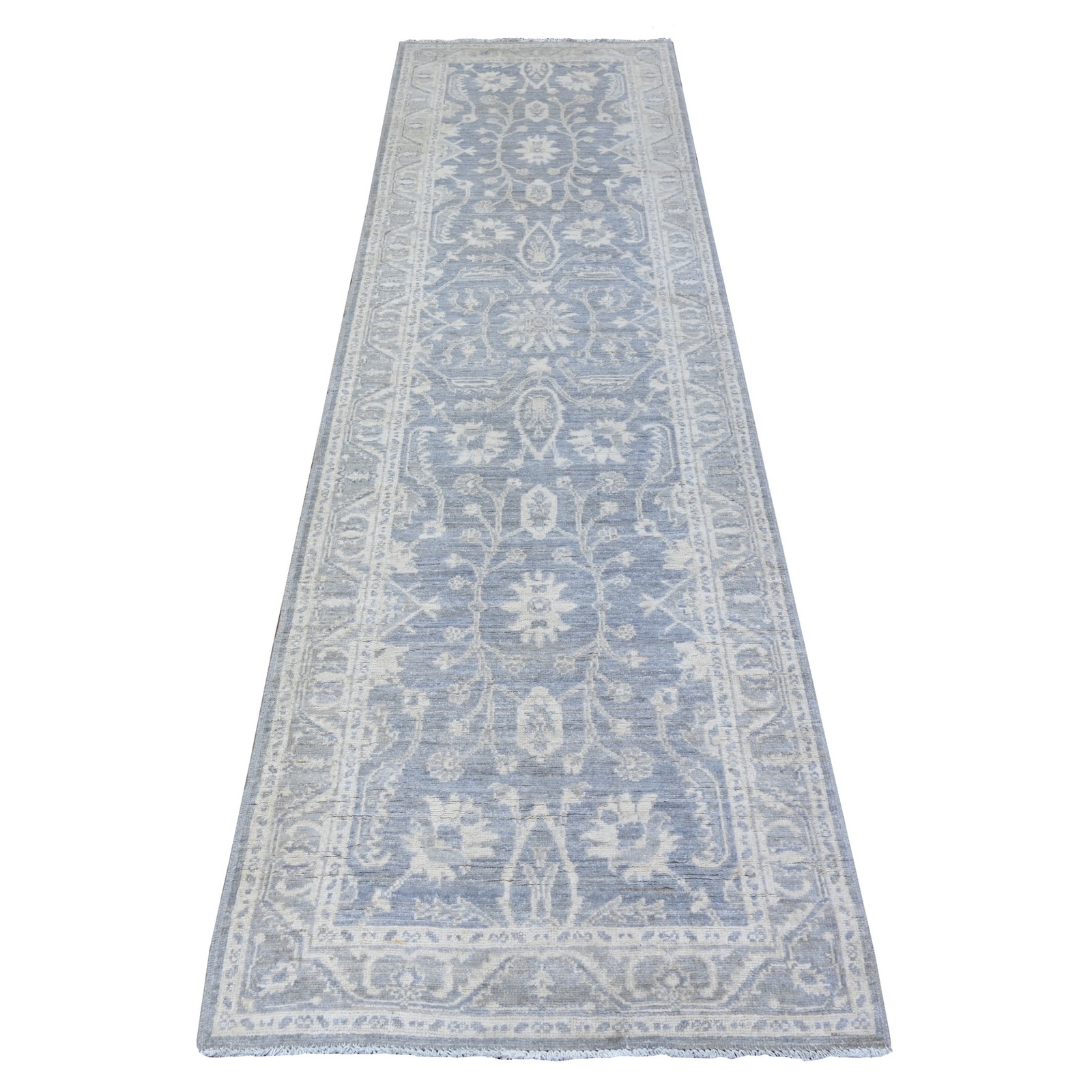2’10″x9’9″ Cadet Gray White Wash Peshawar Hand Knotted Wool Runner Rug R88587