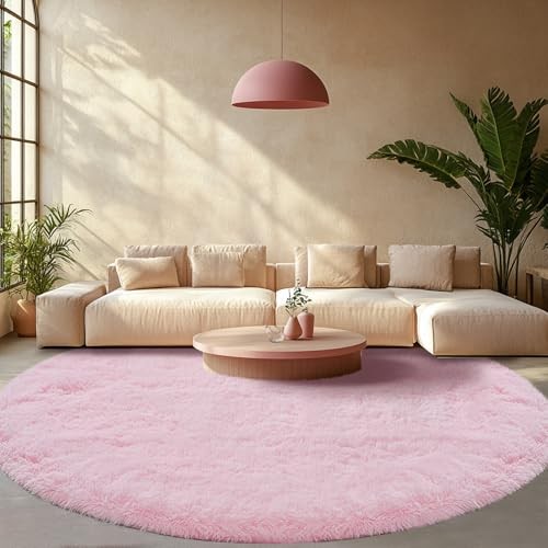 Round Area Rug for Living Room: Pink Shag Rugs for Living Room- 8×8 Feet Large