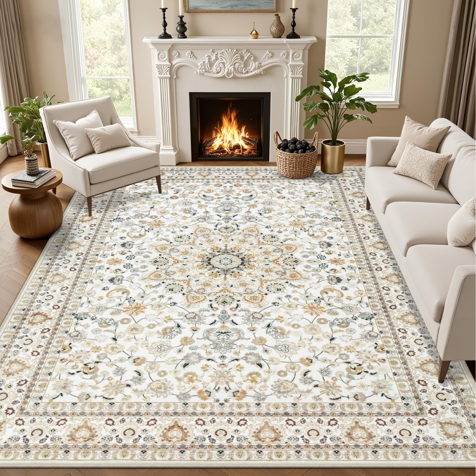 5×7 Washable Vintage Area Rug for Living Room & Bedroom – Beige Home Decor