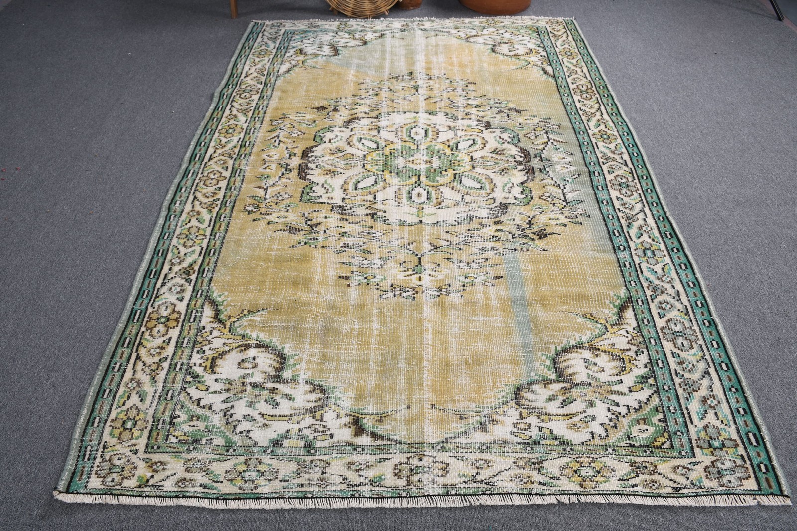 Vintage Turkish Rug, 5,2×7,7 ft Rug, Yellow Green Striped Rug
