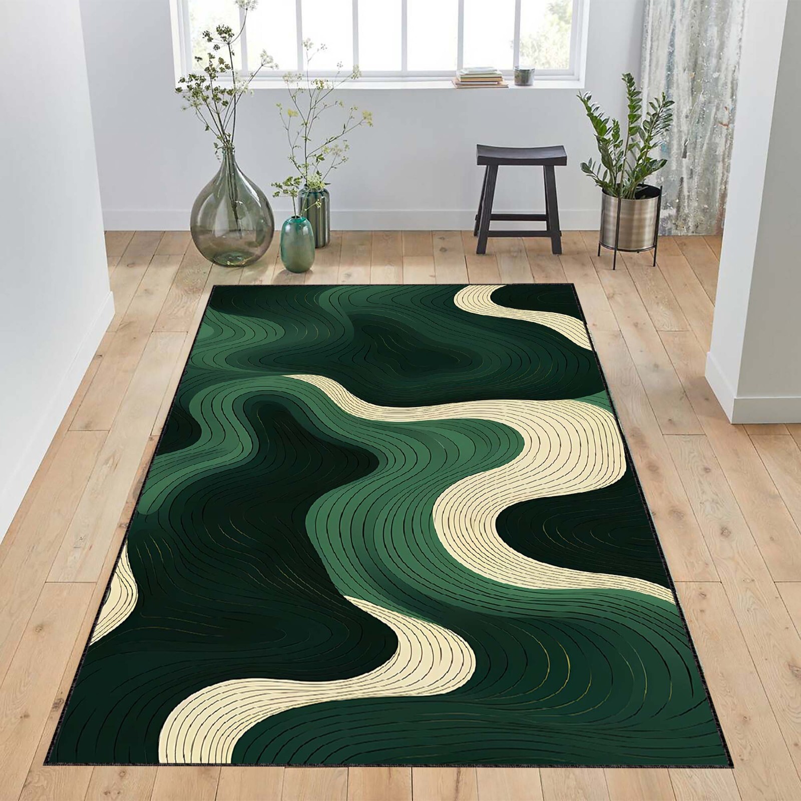 Green Landscape Abstract Rug, Abstract Green Wave Rug, Modern Design, Minimalist