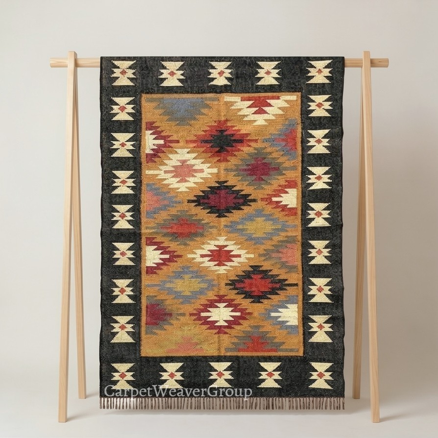 Handwoven Bohemian Wool Jute Kilim Rug – Available in Various Sizes