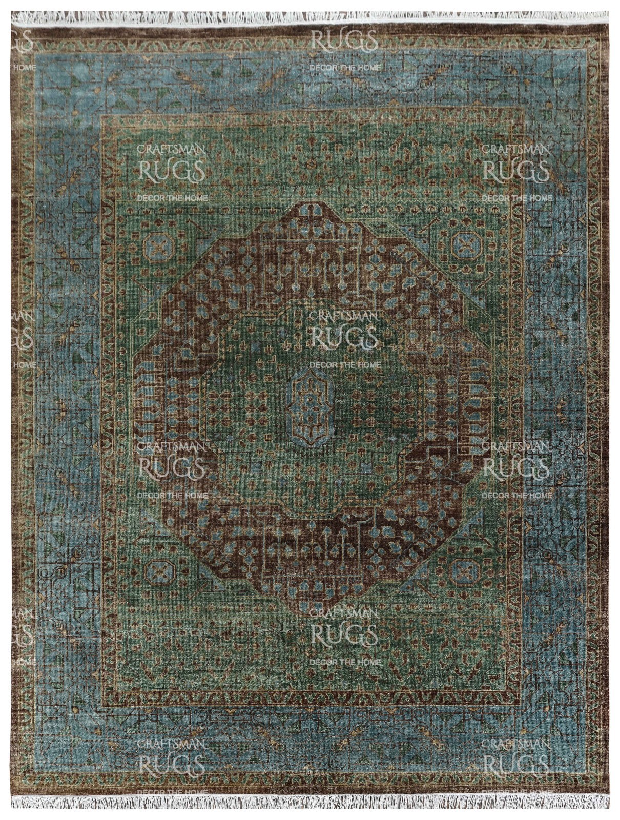 Handmade Inspired Medallion Rug – Geometric & Floral Motifs, Brown/Green/Blue