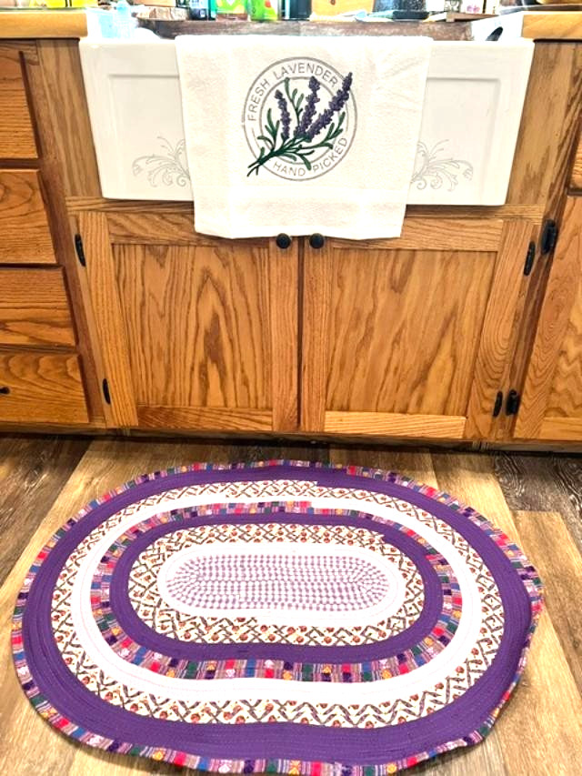 Plum Crazy Purple Handmade Jelly Roll Rug with machine embroidered Hand Towel
