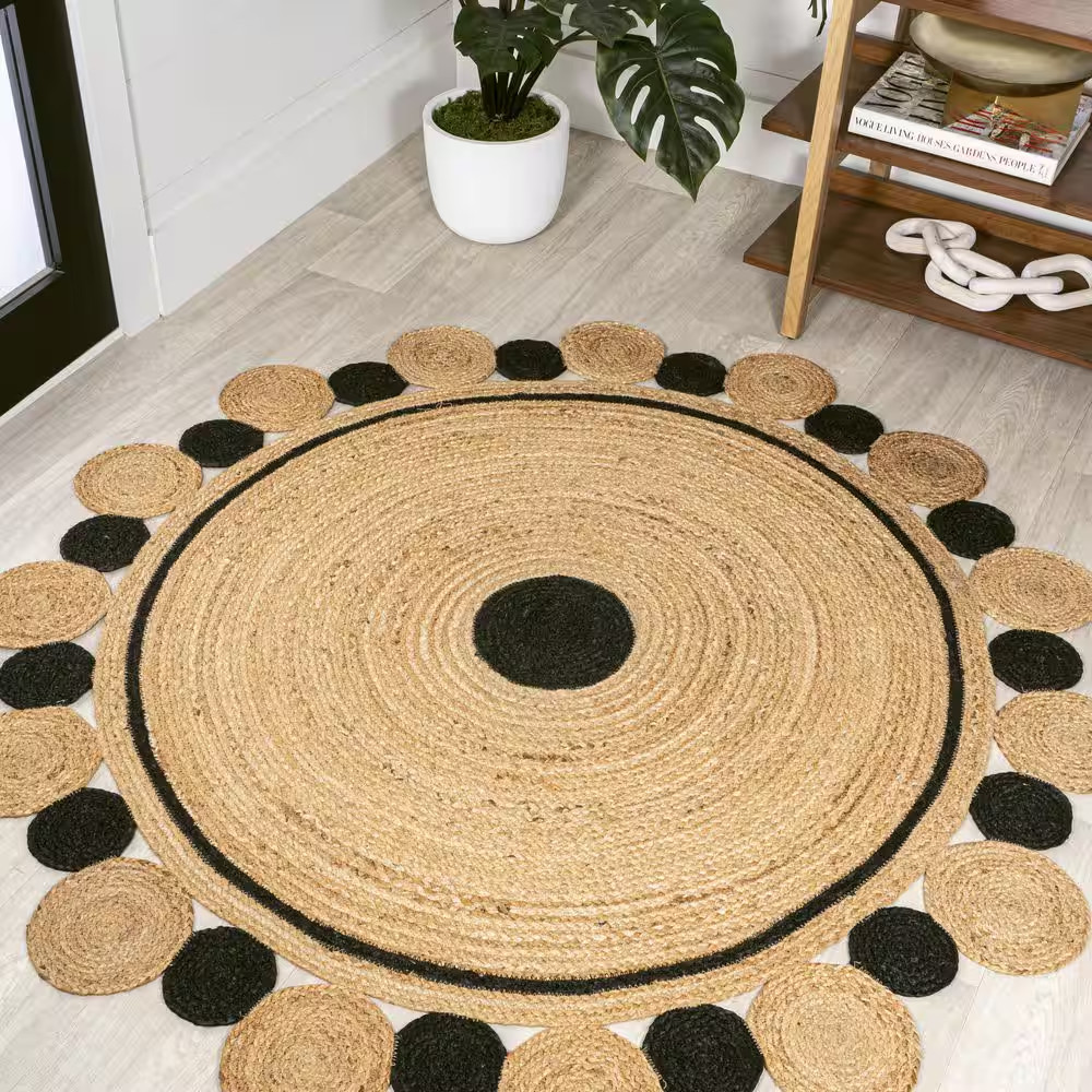 Aurora 2-Tone Jute Hippy Circle Medallion Black/Natural 6 Ft. round Area Rug