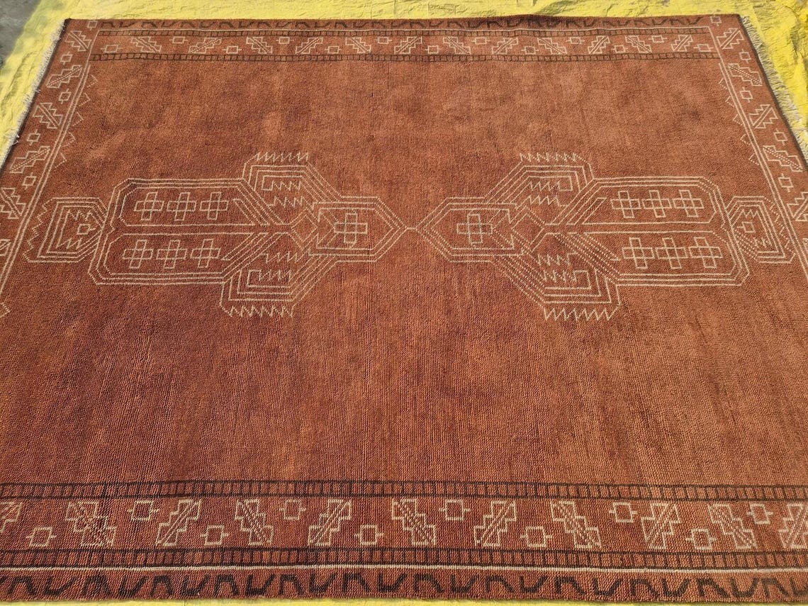 Hand Knotted Rust Wool Rug, Geometric Design, Zealand Area Rug 9’X12