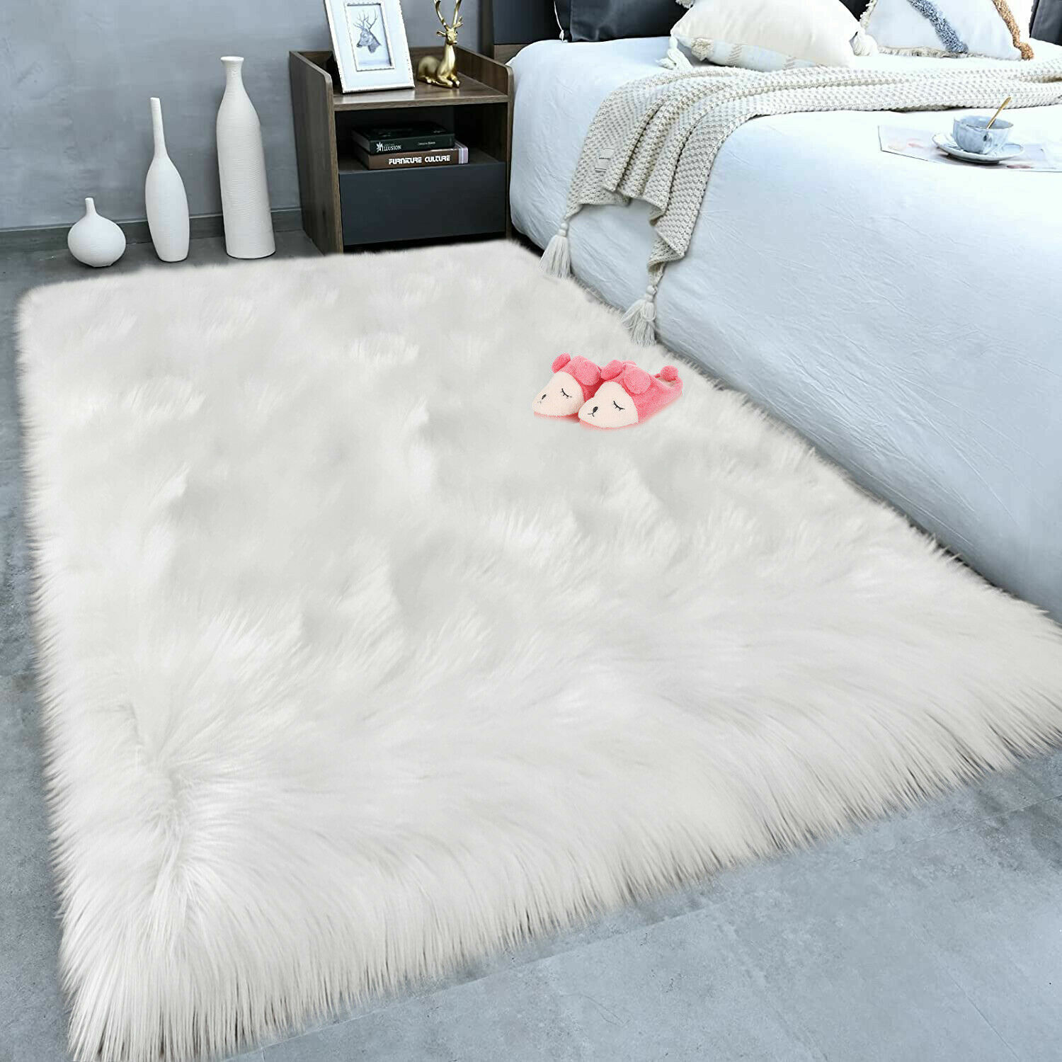 Living Room Large Area rug Faux Fur Sheepskin Bedroom 8X10 ft rugs in White