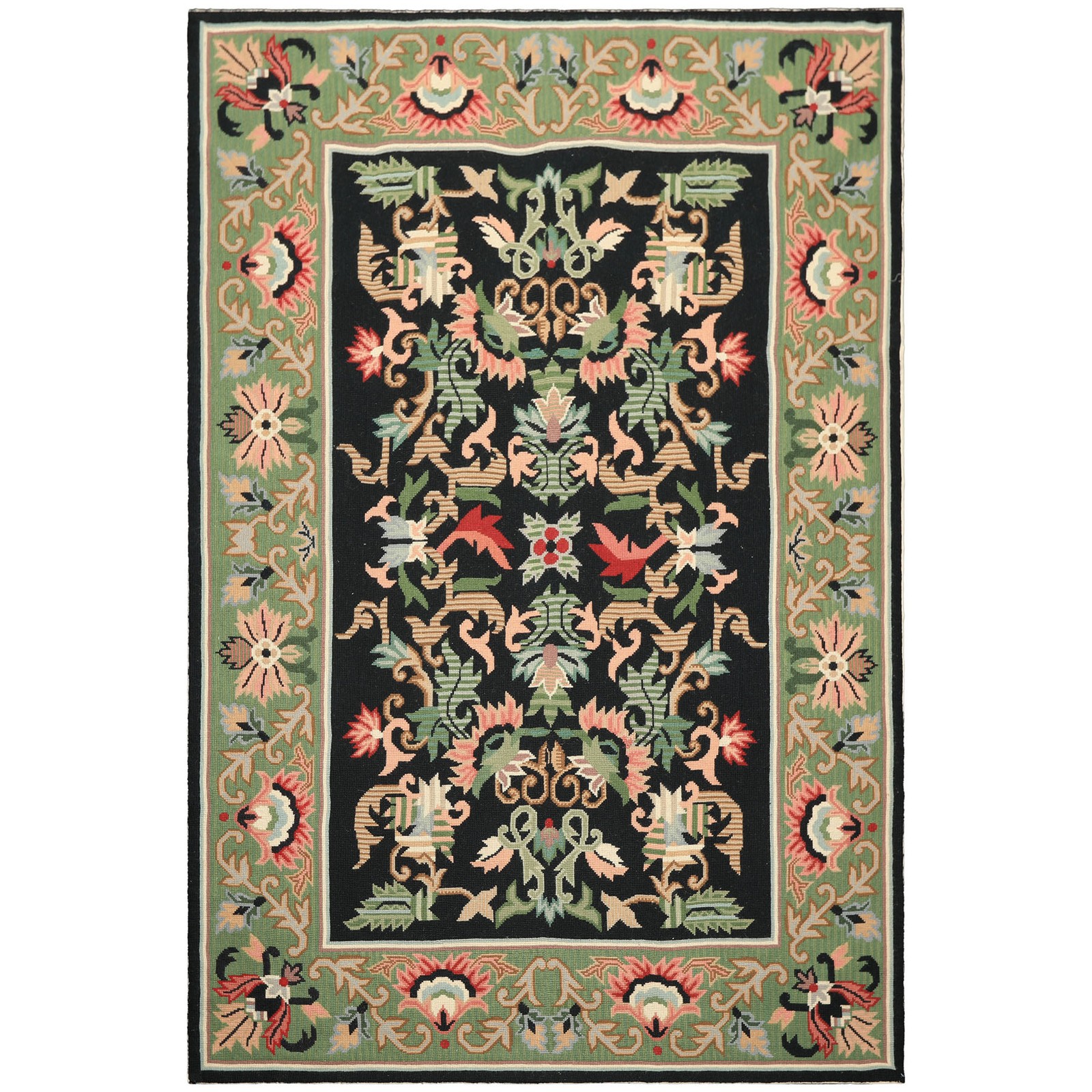 6×9 Hand Woven Wool Black, Mint Portugese Needlepoint Traditional Floral Rug