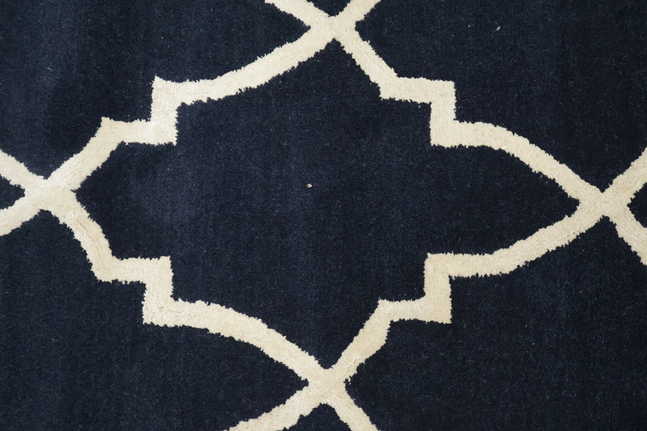 Modern Blue Area Rug 5×8 Bold White Geometric Lines Hand-Tufted Wool & Silk