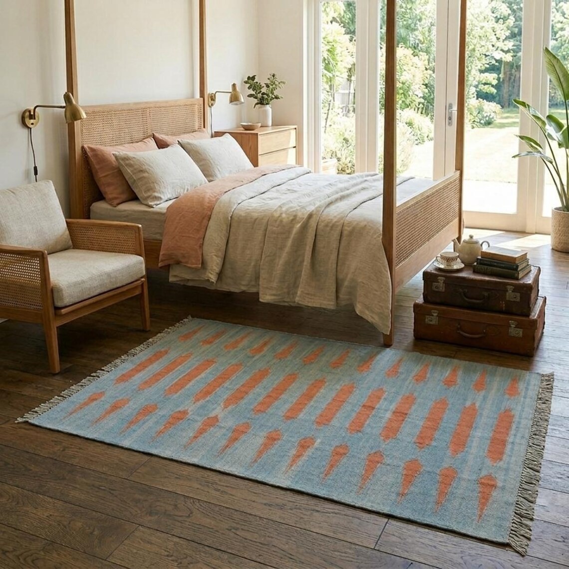 Modern Wool Kilim Rug 4×6 Handmade Blue Orange Flatweave Area Rug Free Shipping