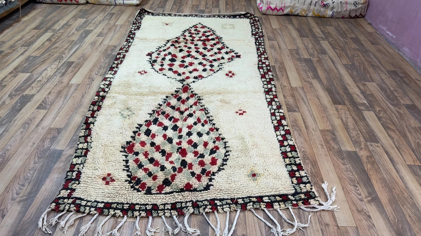 Vintage Moroccan Berber Beni Ourain Rug Cream Red Black Diamond Handmade Wool