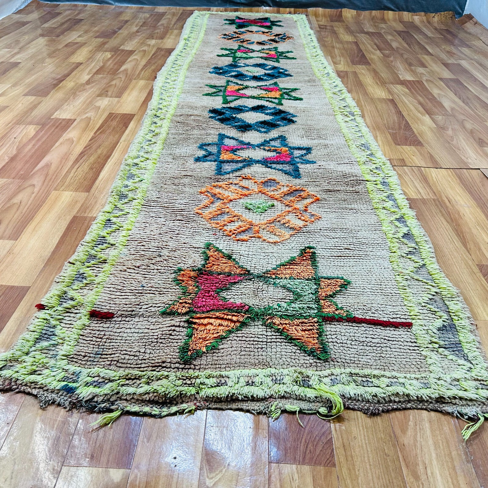 Bohemian Moroccan Shag Runner 32×126 in – Handmade Wool – Star Design Neon Accen