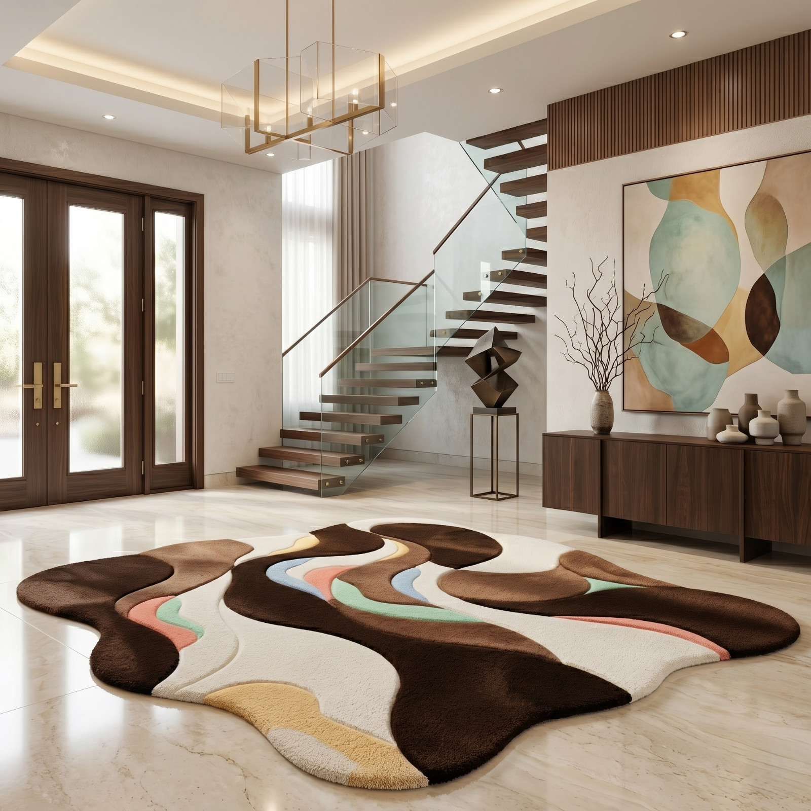 Designer Abstract Irregular Area Rug — Brown White Pink Green Blue Swirl Pattern
