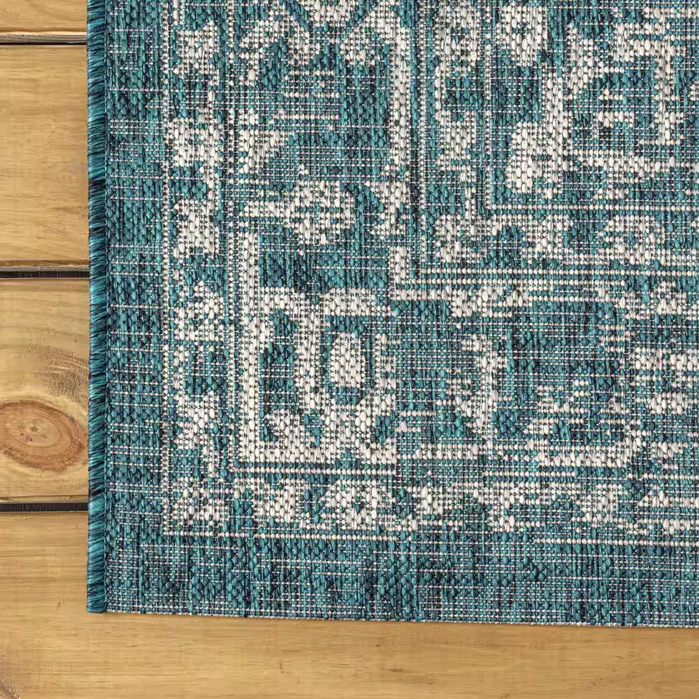 Malta Bohemian Medallion Teal/Gray 5 Ft. 3 In. X 7 Ft. 7 In. Textured Weave Indo