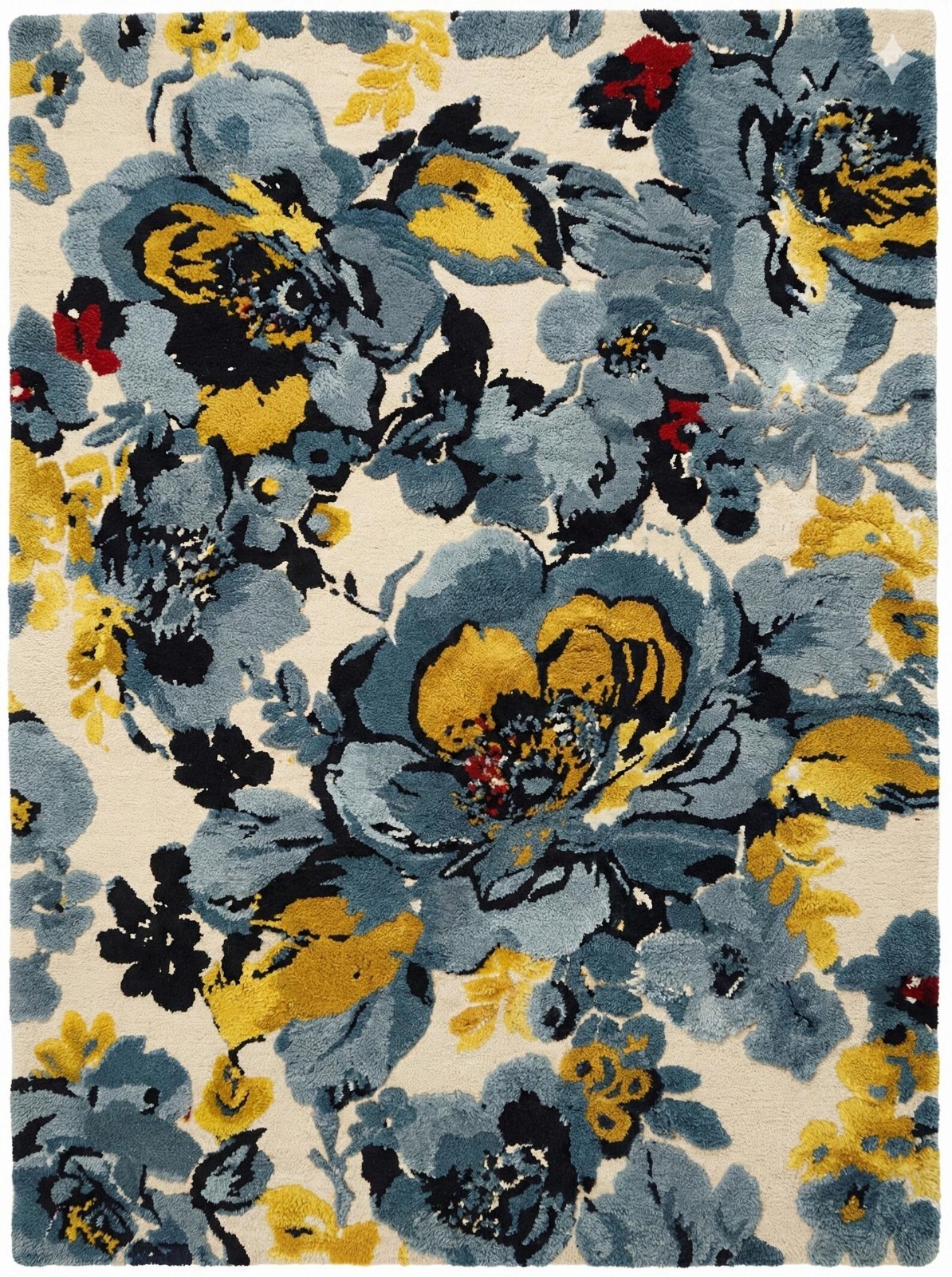 Hand Tufted Floral Area Rug – Blue & Yellow Wool Rug for Living Room, Bedroom