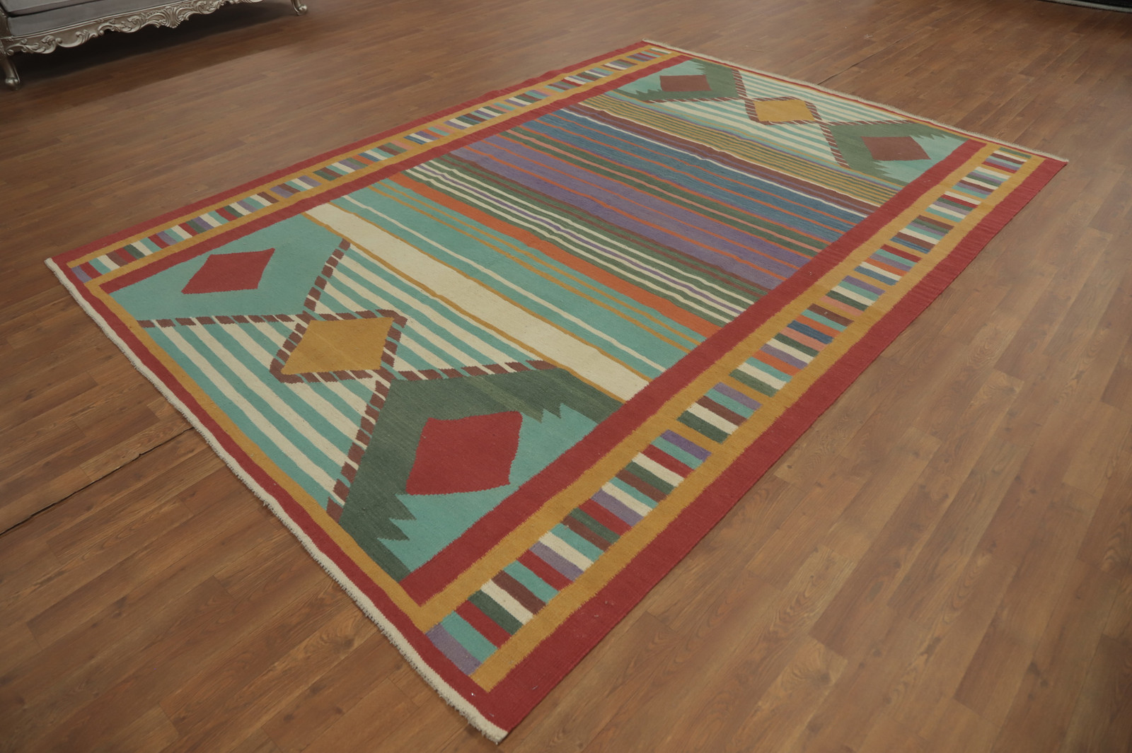 Tribal Kilim Oriental Area Rug 7×10 Ft Hand-Woven Multi-ColorStriped Wool Carpet