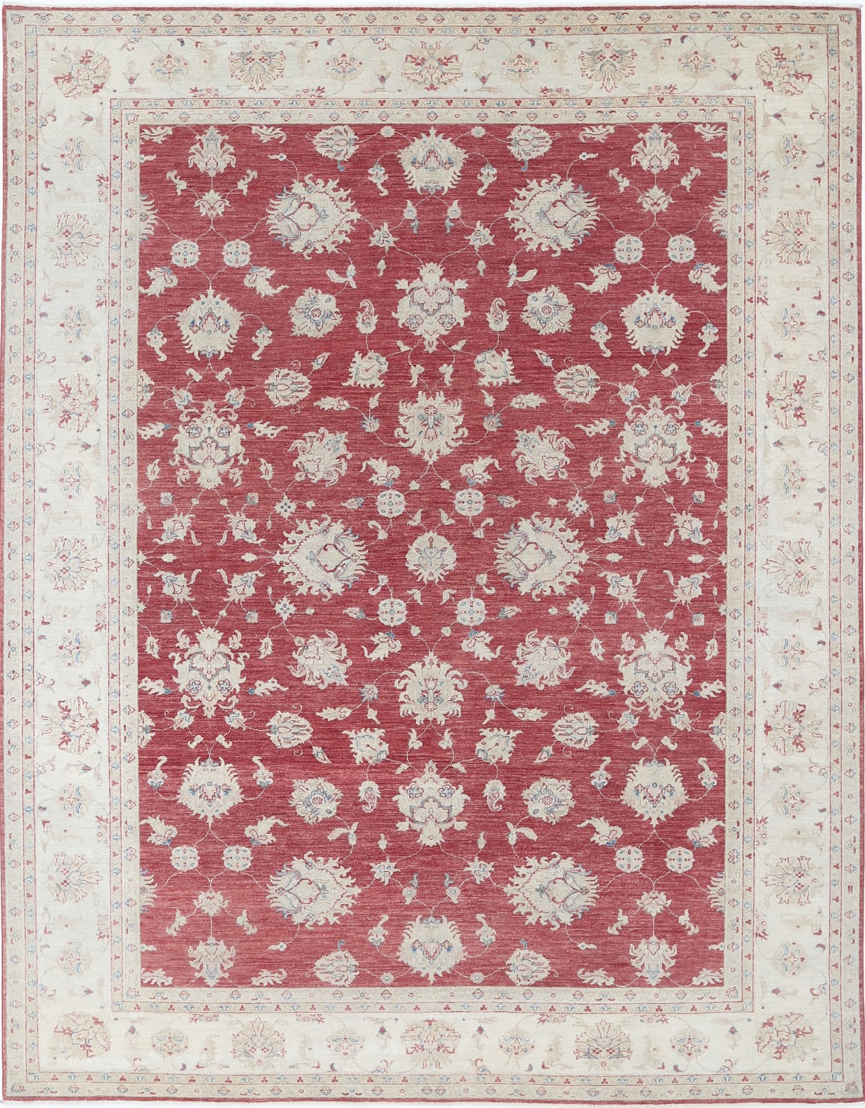9×11.6 ft Hand Knotted Floral Turkish Area Rug with Red Field and Ivory Border
