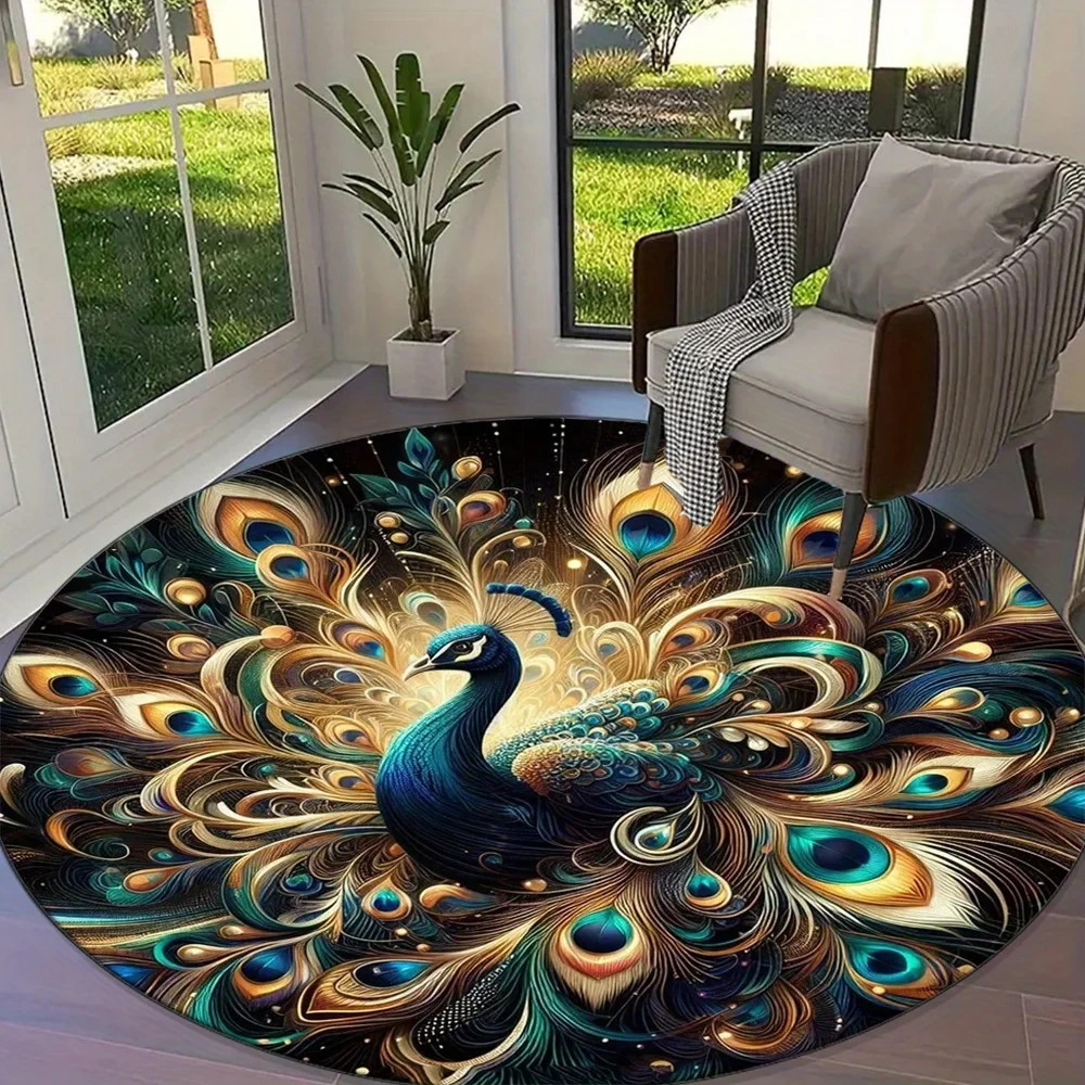 Round Peacock Feather Flannel Rug Non Slip Boho Area Carpet Home Decor
