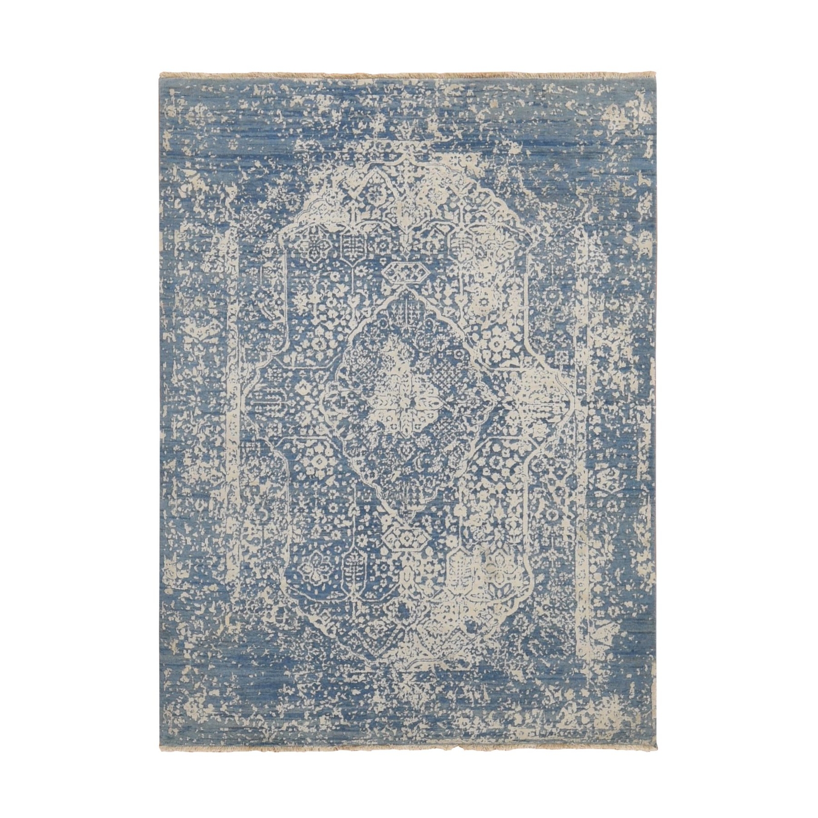5’1″ x 7′ Blue Wool and Silk Hand Knotted Broken Zoroastrian Design Rug R80927
