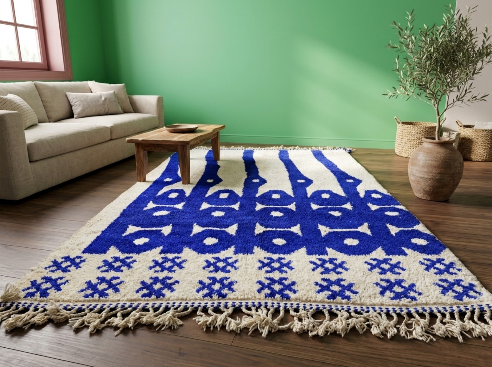 Moroccan Beni Ourain Wool Rug Handmade Blue Ivory Boho Berber Carpet Custom Size