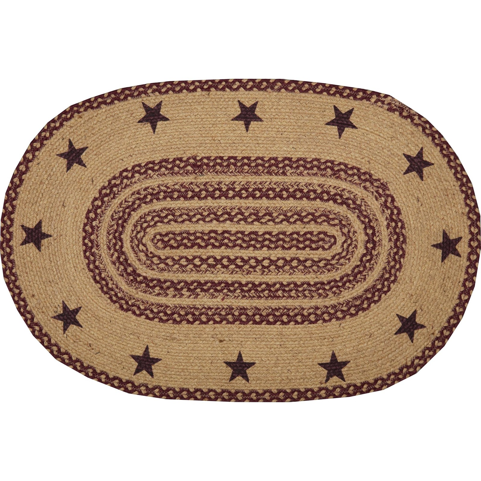Burgundy Tan Jute Rug Oval Stencil Stars w/Pad 24×36