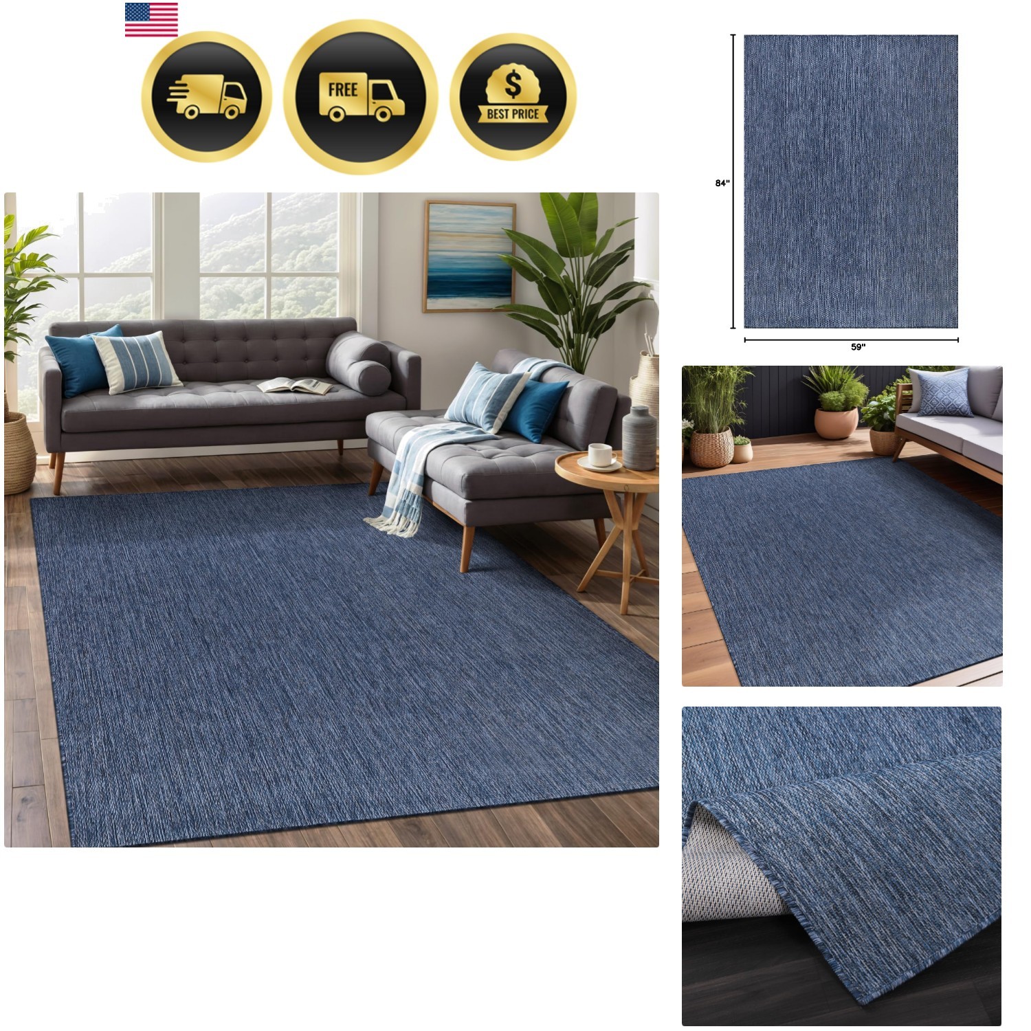 Indoor Outdoor Rug 5×7 Washable Water Resistant Patio Deck Porch Carpet