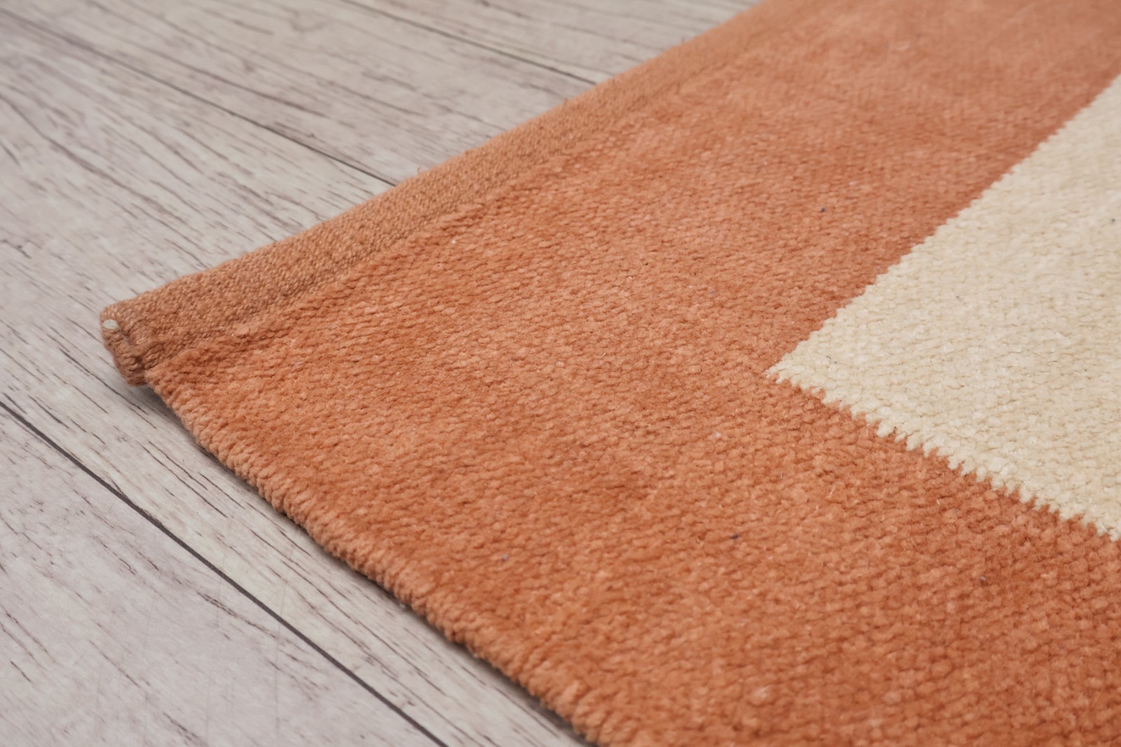 Handmade Terracotta Beige Block Striped Cotton Wool Area Rug Kilim Doormat