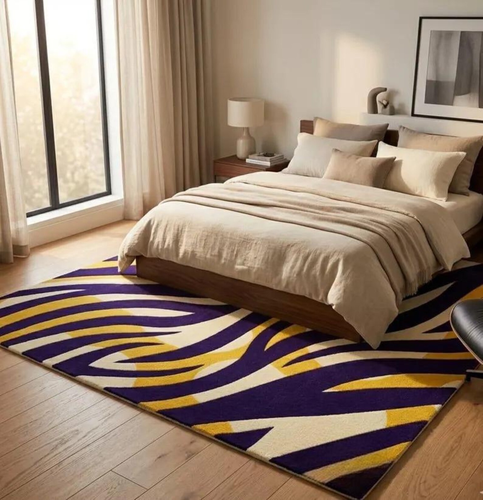 Hand-Tufted Wool Zebra Abstract Rug, Purple Gold Ivory Modern Carpet Design Rug