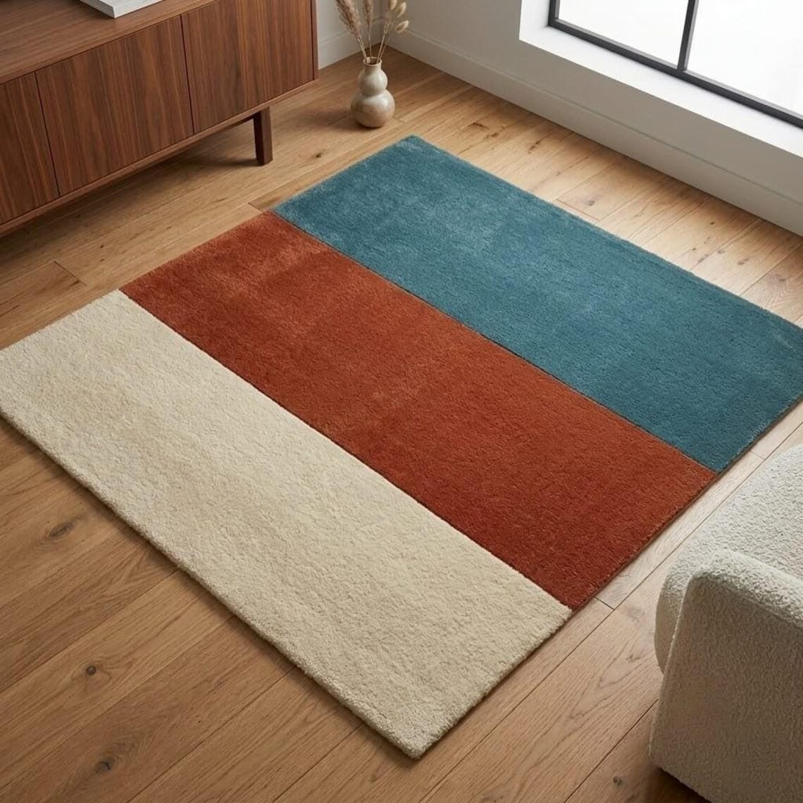 Modern Ivory, Blue, Area Rug, Hand Tufted Wool Rug, Mid Century Modern Carpet,
