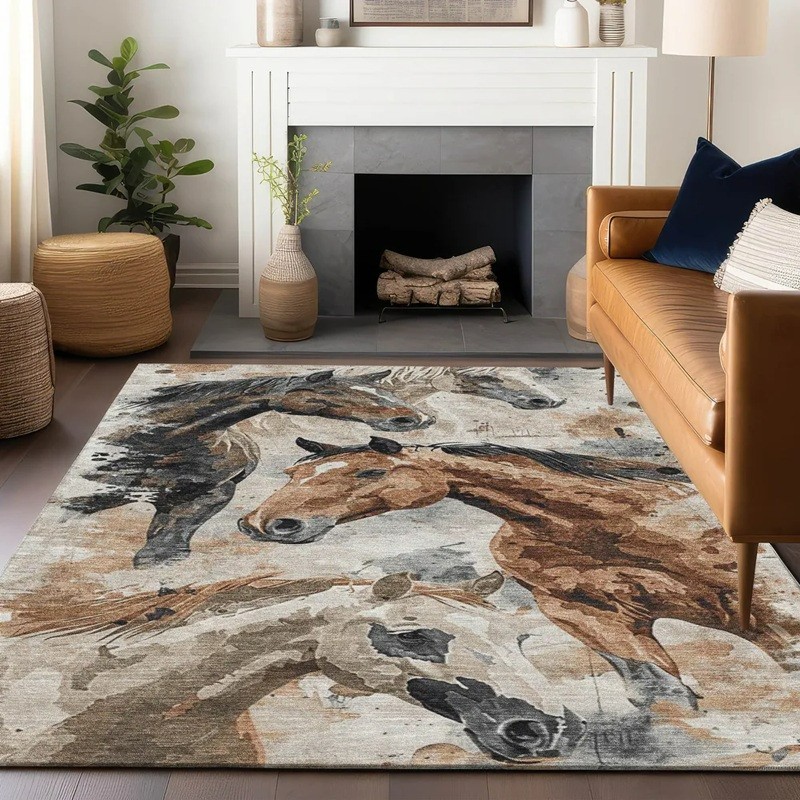 Running Horse Area Rug Western Rustic Farmhouse Accent Brown Stud Carpet Colt