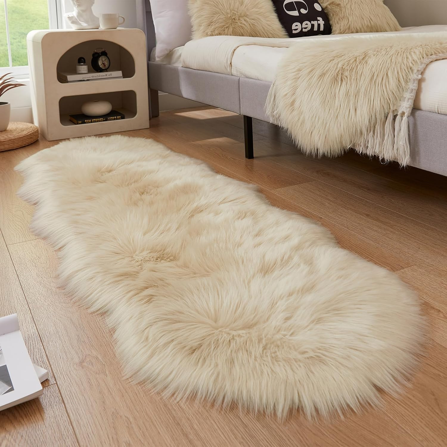 Faux Sheepskin Rug, Beige Ultra Soft Fluffy Shag Area Rug, 2 X 6 Ft Faux Fur Rug