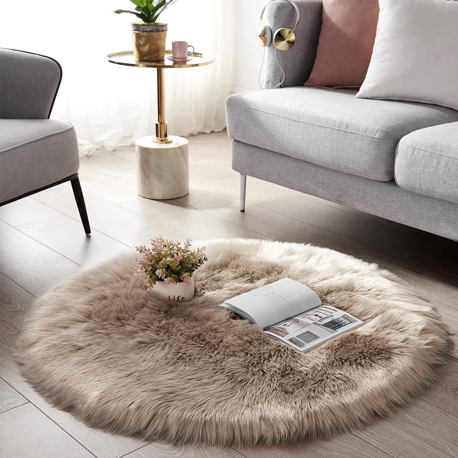 Serissa Soft Round Faux Sheepskin Fur Area Rug Beige Circle Fluffy Rugs