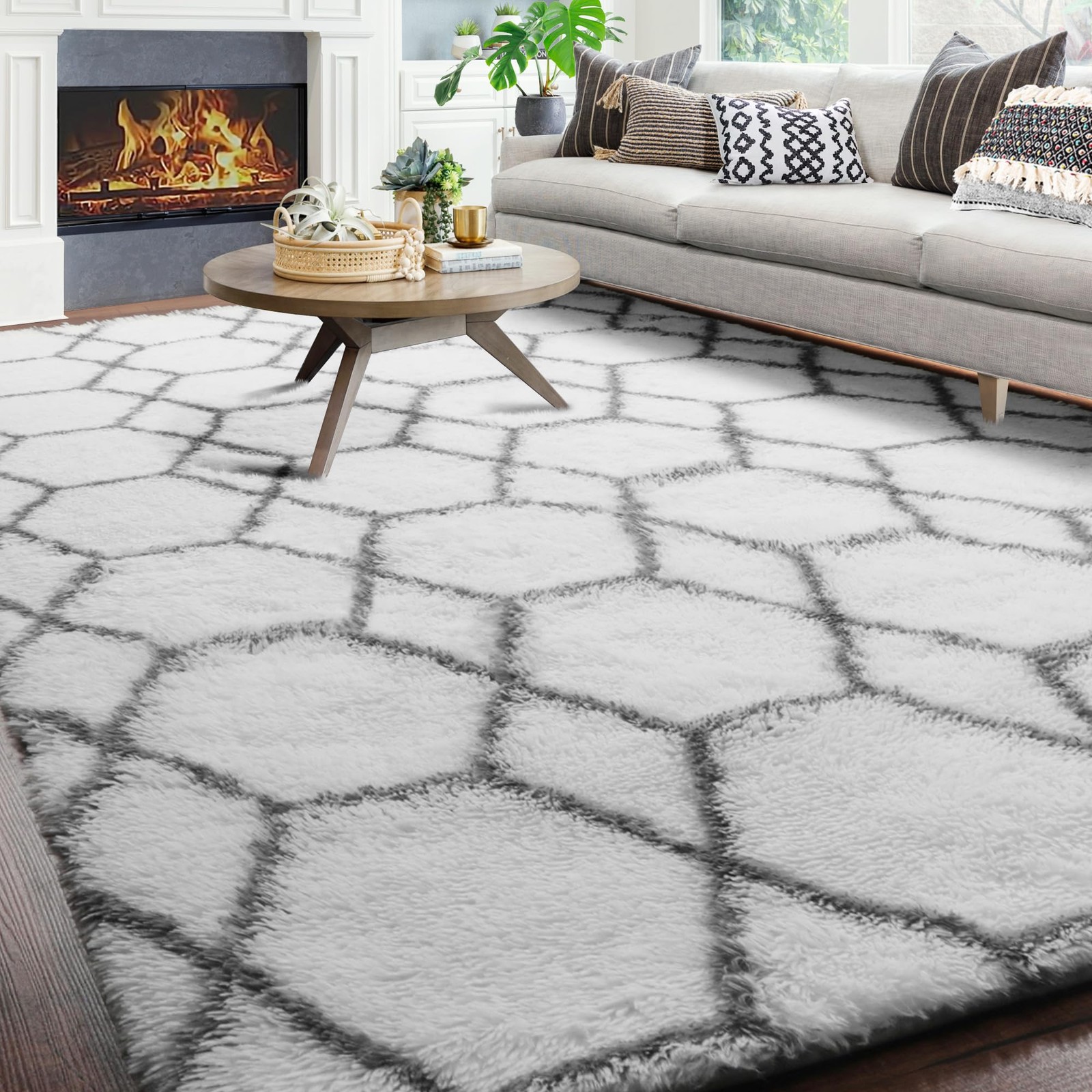 8×10 Area Rugs for Living Room, Washable Fluffy White and Grey Rug for Bedroo…
