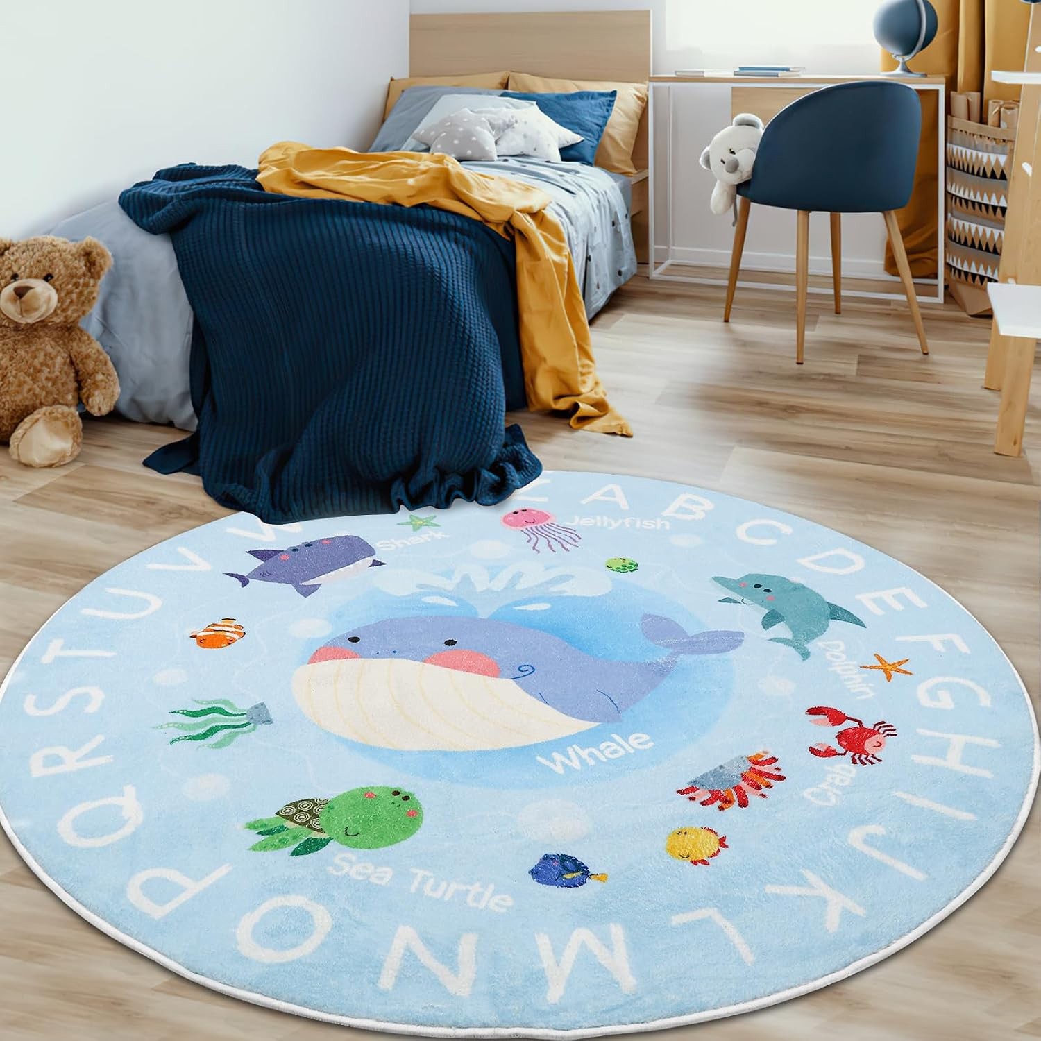 Soft Round ABC Rug for Kids Room,5.2 ft Washable Circle Rug,Non-Slip Whale