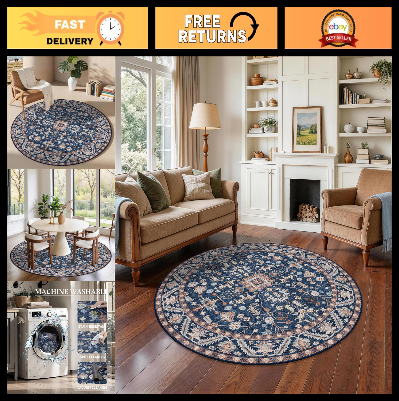 6ft Round Washable Area Rug – Boho Vintage Circle Carpet for Living Room, Bedroo