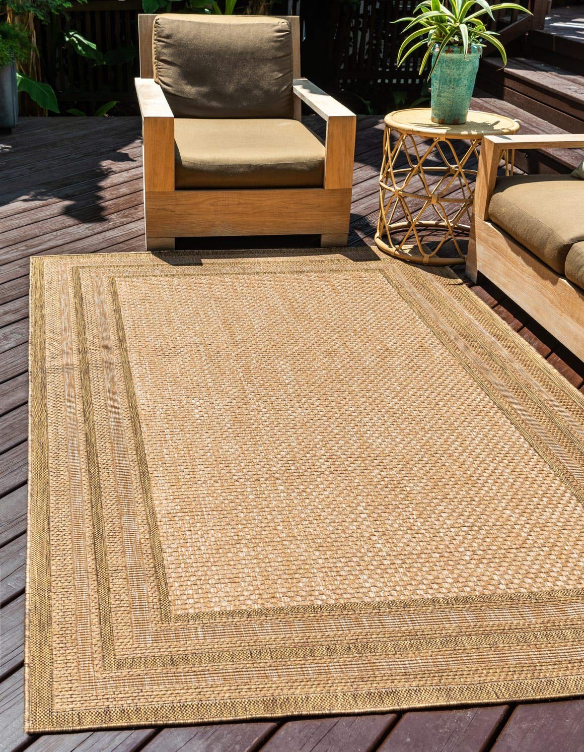 Outdoor Border Collection Area Rug – Multi Border (7′ 1″ x 10′ Rectangle Tan/…