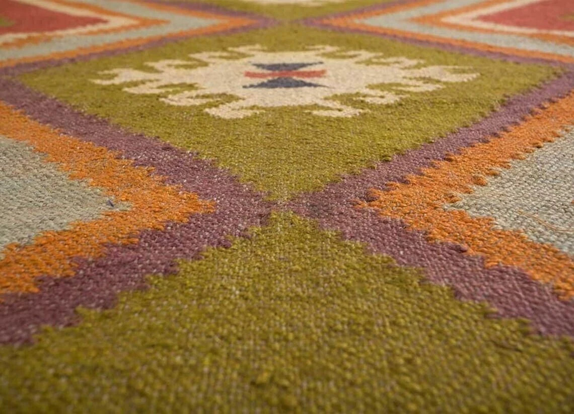 Handmade Jute Wool Kilim Area Rug Boho Tribal Geometric Area Carpet Floor Mat